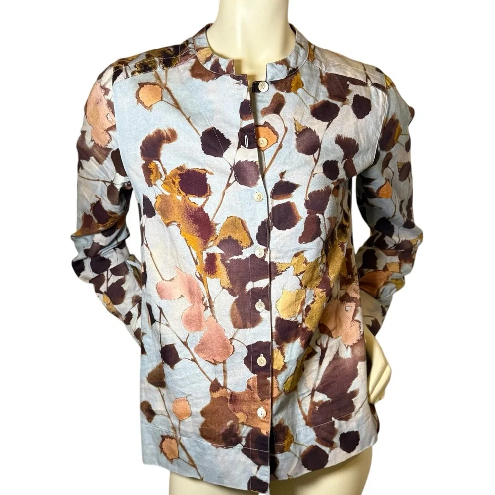POETRY Linen Cotton Print Long Sleeve Button Down Mandarin Collar Blouse Size 4
